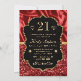 Eleganter Roter Satin & Glitzer Gold Rahmen Geburt Einladung