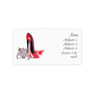 Eleganter roter Stilett-Schuh-und Lilien-Aufkleber Adressaufkleber
