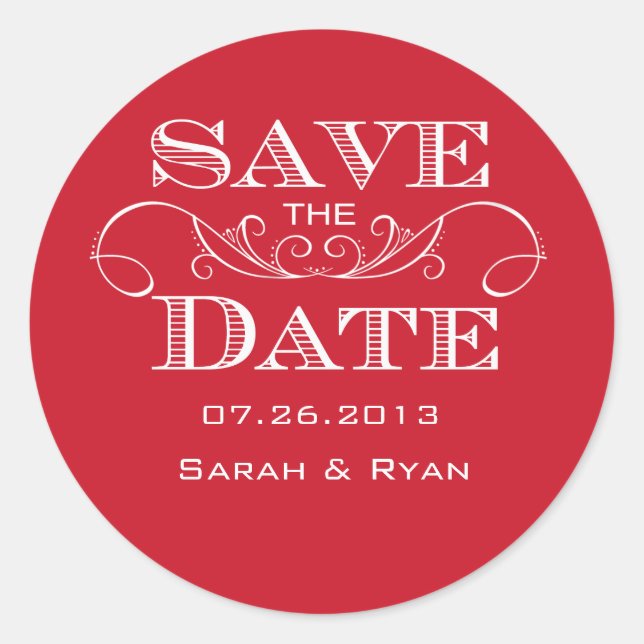 Eleganter Roter Swirl Save the Date Aufkleber (Vorderseite)