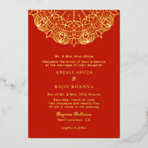 Eleganter roter und goldener Mandala-Indische Hoch Folieneinladung