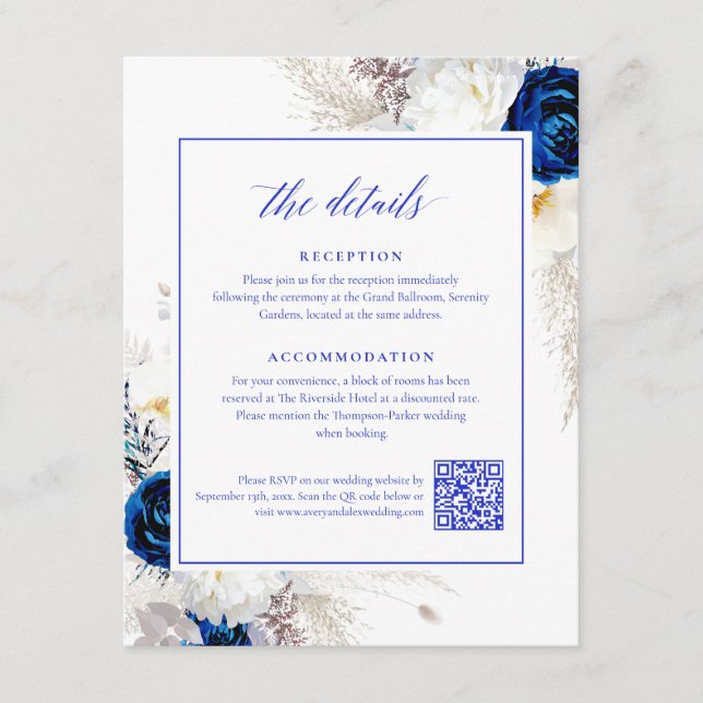 Eleganter Royal Blue Flowers Details UAWG QR Code Begleitkarte (Vorderseite)