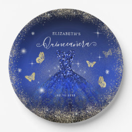 Eleganter Royal Blue Gold Glitzer Gown Quinceañera Pappteller