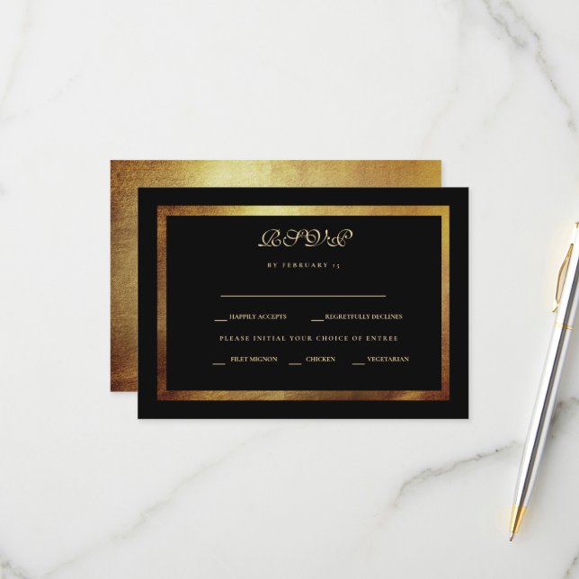 Eleganter RSVP für Black & Gold-Hochzeit Karte (Vorderseite/Rückseite Beispiel)