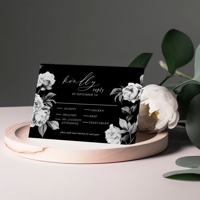 Eleganter RSVP für Schwarz-Weiß-Blütenhochzeit Begleitkarte (Von Creator hochgeladen)