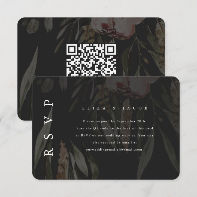 Eleganter RSVP mit QR-Code für Black Floral Weddin (Vorne/Hinten)