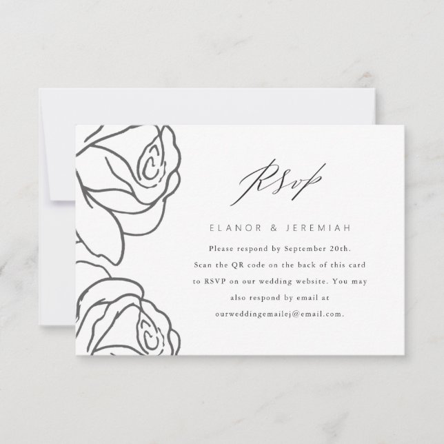 Eleganter RSVP mit QR-Code für Black Floral Weddin Karte (Vorderseite)