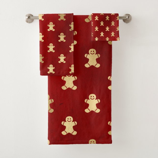 Eleganter Ruby Red and Gold Gingerbread Man Badhandtuch Set (Insitu)