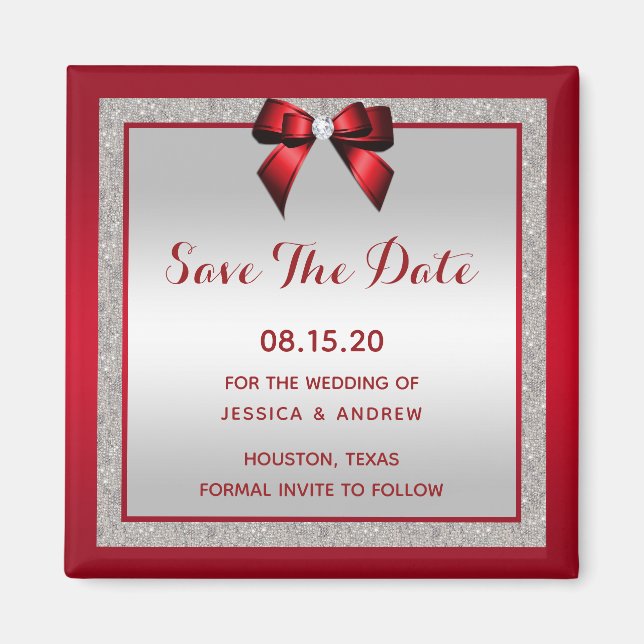 Eleganter Ruby Red & Silver Glitzer Save the Date Magnet (Vorne)