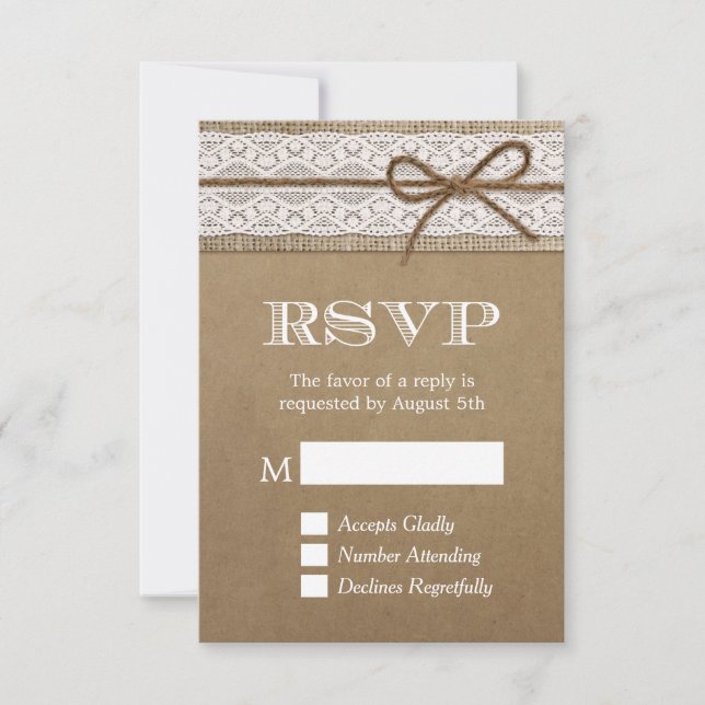 Eleganter Rustic Burlap String Bow Wedding RSVP (Vorderseite)