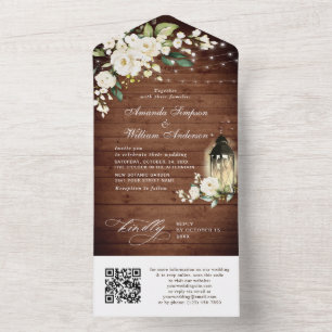 Eleganter Rustic Wood White Roses Wedding QR Code All In One Einladung