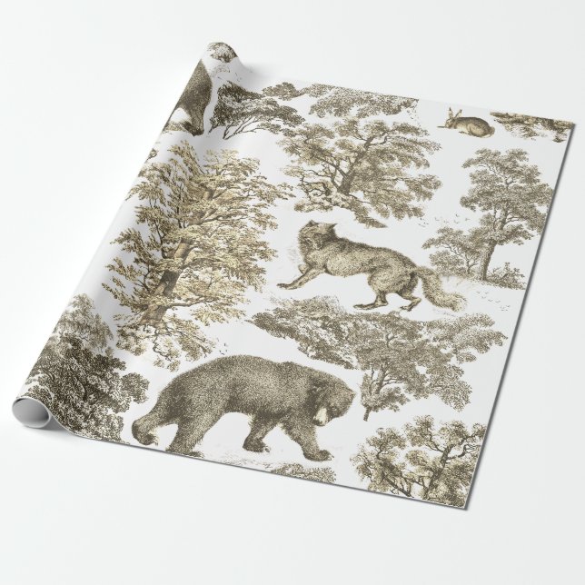 Eleganter, rustikaler Beige-Wald-Tiere Toile Geschenkpapier (Ungerollt)