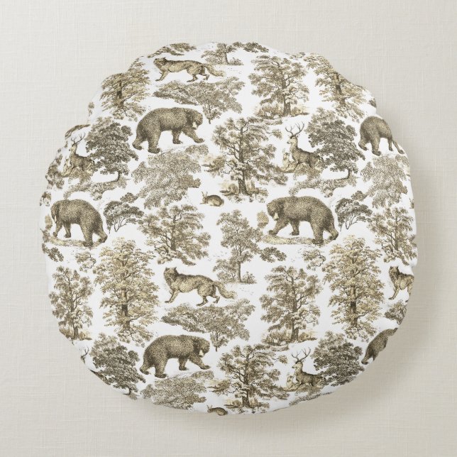 Eleganter, rustikaler Beige-Wald-Tiere Toile Rundes Kissen (Vorderseite)