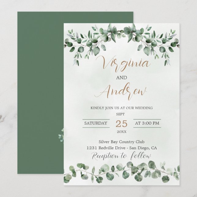 Eleganter rustikaler Eukalyptus Verlasse Grüne Hoc Einladung (Vorne/Hinten)