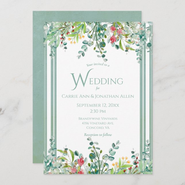 Eleganter rustikaler Eukalyptus Watercolor Wedding Einladung (Vorne/Hinten)