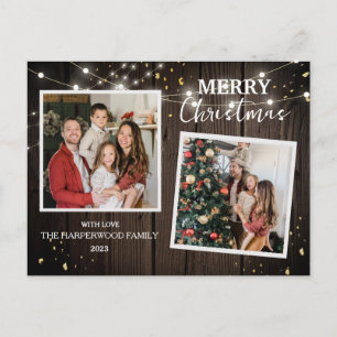 Eleganter Rustikaler Holz-Weihnachts-Familien-2-Fo Feiertagspostkarte