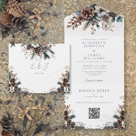 Eleganter Rustikaler Pinecone QR Code Hochzeit All In One Einladung