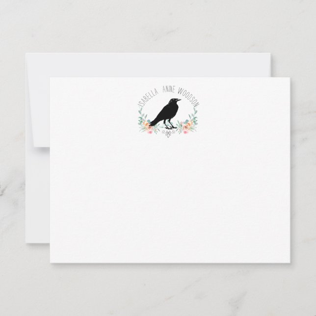 Eleganter rustikaler Raven Floral Name Mitteilungskarte (Vorderseite)