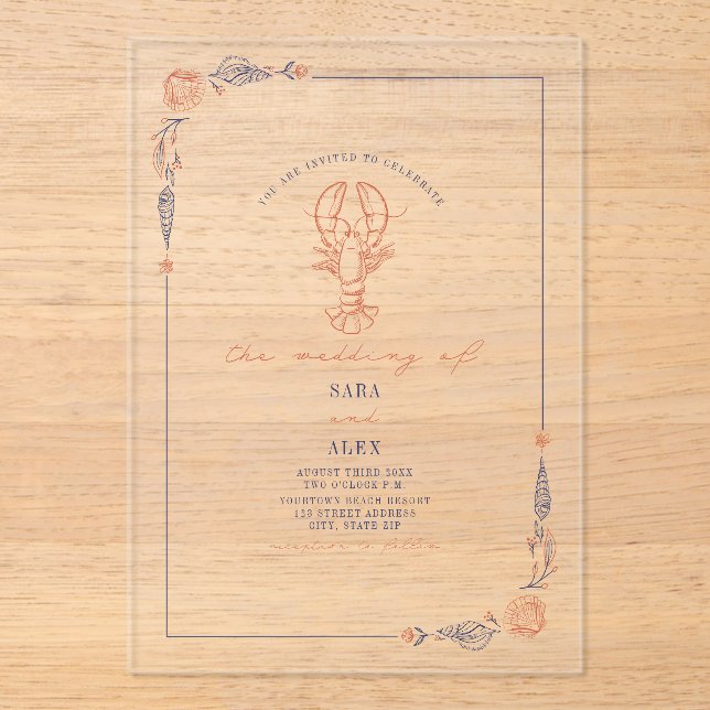 Eleganter rustikaler Red & Blue Beach Hochzeitslob Acryleinladungen (Vorderseite)