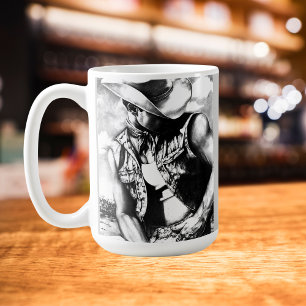 Eleganter, rustikaler Schwarz & Weiß Sketch Cowboy Kaffeetasse