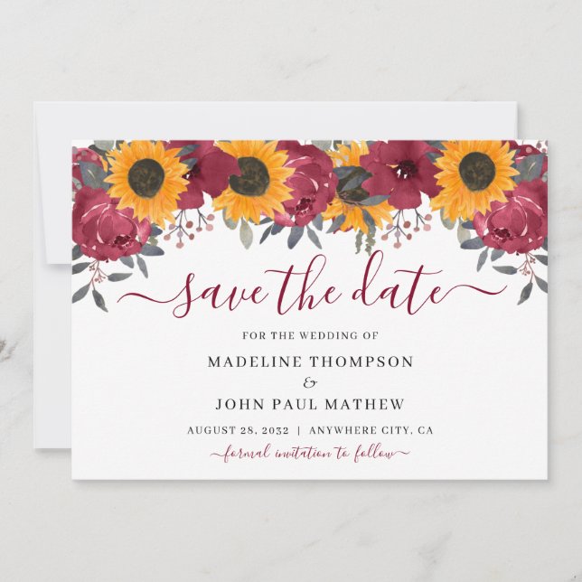 Eleganter Rustikaler Sonnenblumenblume Burgund Her Save The Date (Vorderseite)