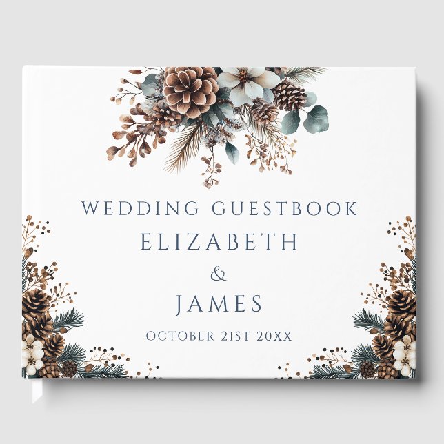 Eleganter Rustikaler Wald Pinecones Hochzeit Gästebuch (Vorderseite)