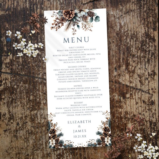 Eleganter Rustikaler Wald Pinecones Hochzeit Menükarte (Elegant Rustic Forest Floral Pinecones Wedding Menu)