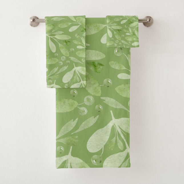 Eleganter rustikaler Wasserfarben-Blätter Salbeigr Badhandtuch Set (Insitu)