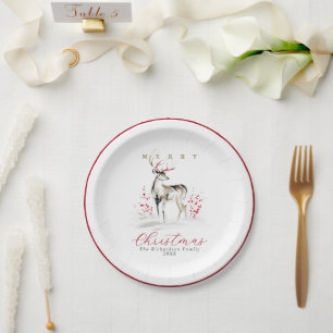 Eleganter rustikaler Wasserfarben-Hirsch-Weihnacht Pappteller