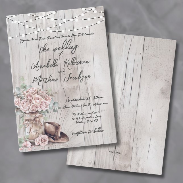 Eleganter rustikaler Western mit Holzsaitenbäumen Einladung (Elegant Rustic Wood String Lights Country Wedding Invitation)