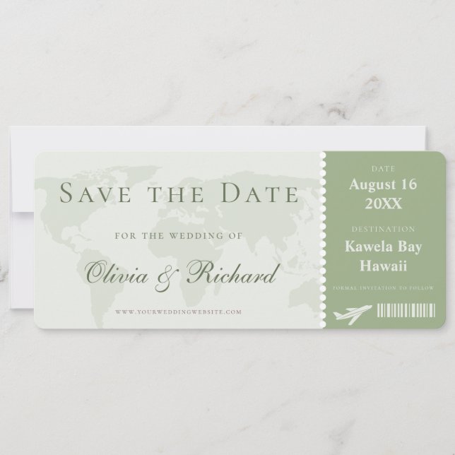 Eleganter Sage Green Boarding Pass Save the Date Einladung (Vorderseite)