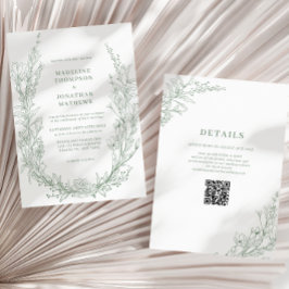 Eleganter Sage Green Floral Wreath QR Code Hochzei Einladung