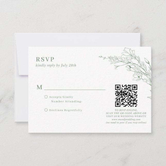 Eleganter Sage Green Floral Wreath QR Code Hochzei RSVP Karte (Vorderseite)