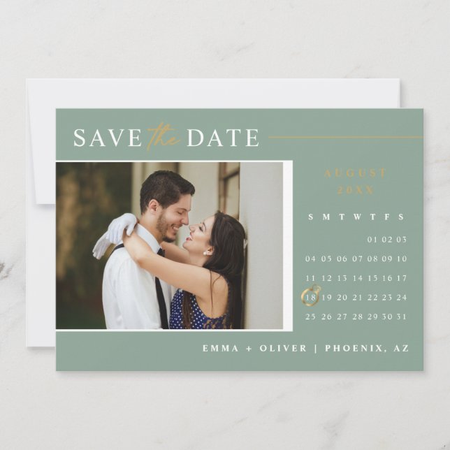 Eleganter Sage Green Gold Save the Date Calendar Einladung (Vorderseite)