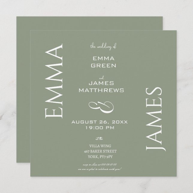 Eleganter Sage Green & White Script Wedding Square Einladung (Vorne/Hinten)