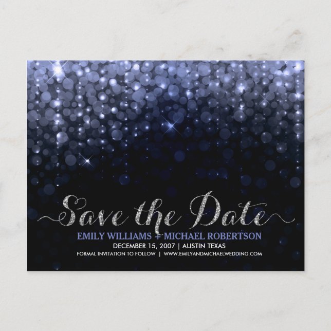 Eleganter Saitenlichter Blau Save the Date Ankündigungspostkarte (Vorderseite)