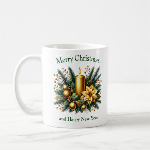 Eleganter Salbei und goldene Weihnachtskerze und K Kaffeetasse