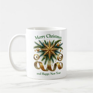 Eleganter Salbei und goldener Weihnachtsstar und G Kaffeetasse