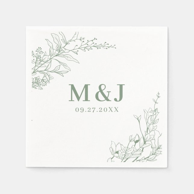 Eleganter Salbeigrüner Blumenkranz Monogramm Hochz Serviette (Vorderseite)
