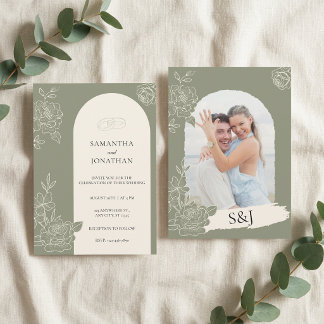 Eleganter Salbeigrüner Floraler Bogen Foto Rücksei Einladung