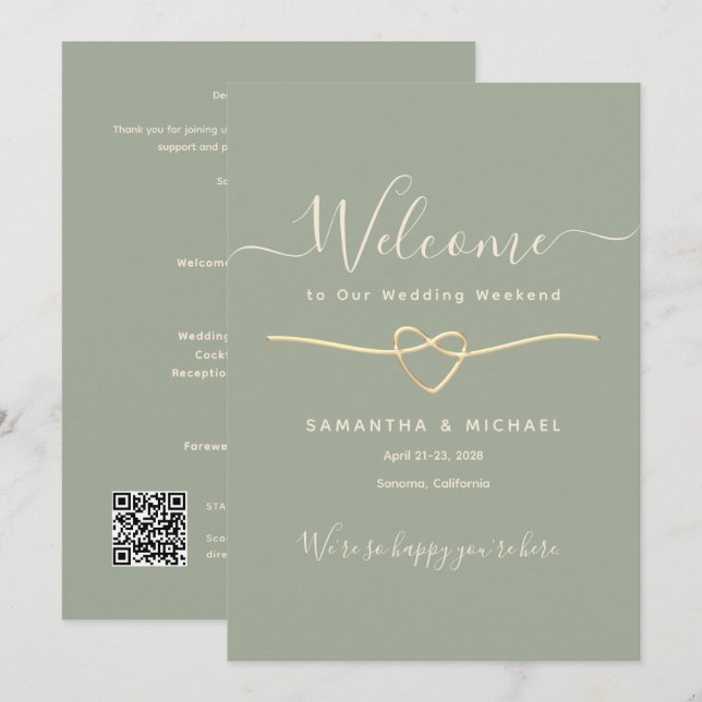 Eleganter Salbeigrüner Hochzeitswochenende-Willkom Einladung (Vorne/Hinten)
