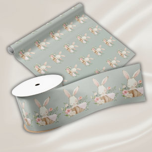 Eleganter Salbeigrüner Wasserfarben-Hasen-Baby Satinband