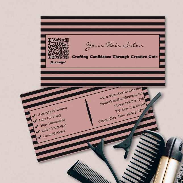 Eleganter Salon der Toskana Rosa und Schwarzer Str Visitenkarte (Elegant Tuscany Pink and Black Striped Hair Salon Business Card)