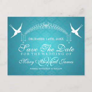 Eleganter Save the Date Vogel-Monogramm-Türkis Ankündigungspostkarte