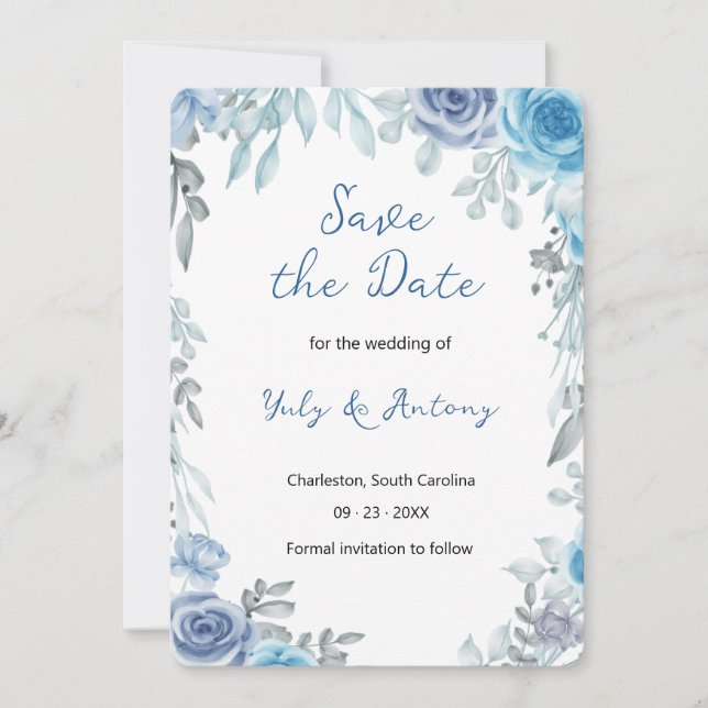 Eleganter Schieferblauer Wasserfarben-Blumengarten Save The Date (Vorderseite)
