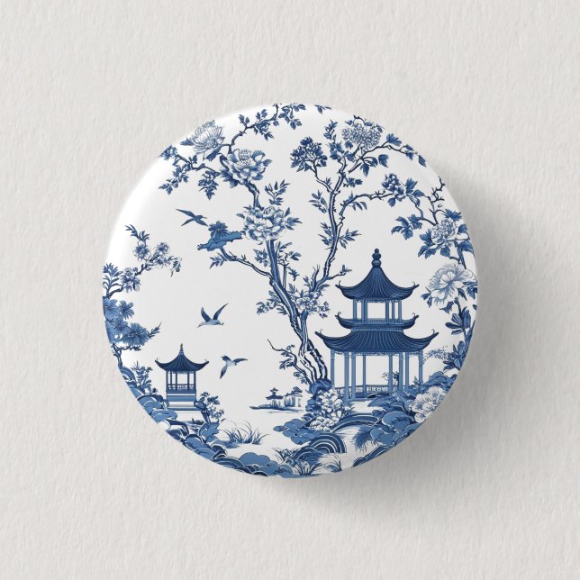 Eleganter, schlichter Blue White Blume Chinoiserie Button (Vorderseite)