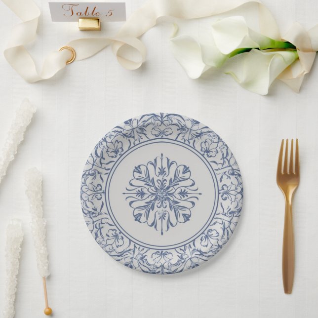 Eleganter, schlichter Blue White Blume Chinoiserie Pappteller (Hochzeit)
