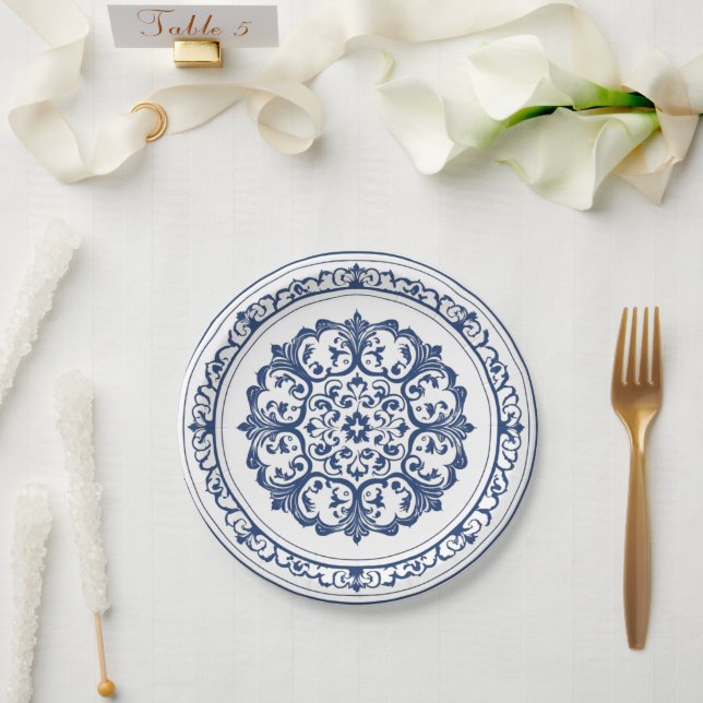 Eleganter, schlichter Blue White Blume Chinoiserie Pappteller (Hochzeit)