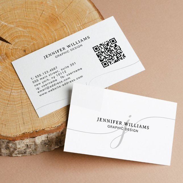 Eleganter Schlichter, schwarzer Text-Monogram-QR-C Visitenkarte (Von Creator hochgeladen)