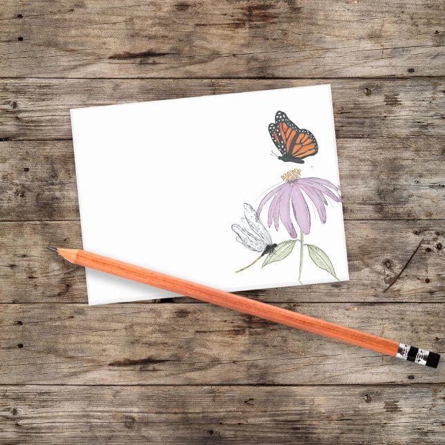 Eleganter Schmetterling und Lila Blume Stilvolle B Post-it Klebezettel (Butterfly and dragonfly with purple cone flower post it notes)