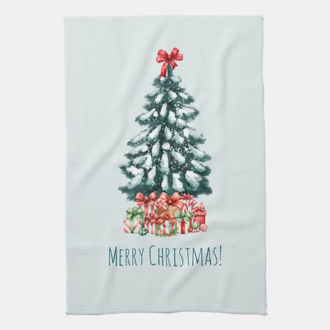 Eleganter schneebedeckter Weihnachtsbaum Geschirrtuch (Vertikal)